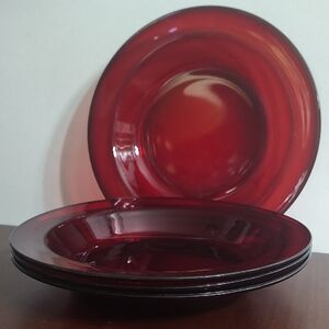 Arcoroc Ruby Red Glass Rimmed Soup Bowls 8-1/2" France Set 4 Salad Lunch Holiday